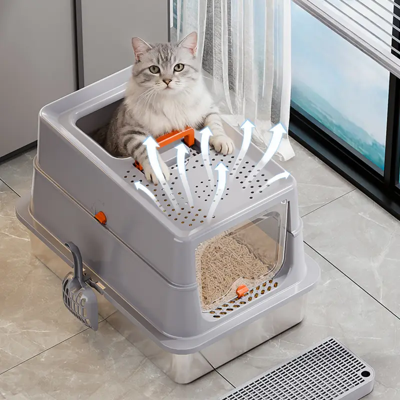 Stainless steel cat litter box with odor control and easy cleaning for feline companions.