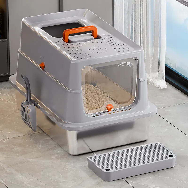 Stainless steel enclosed cat litter box with scoop, anti-splash & easy to clean for pet hygiene.