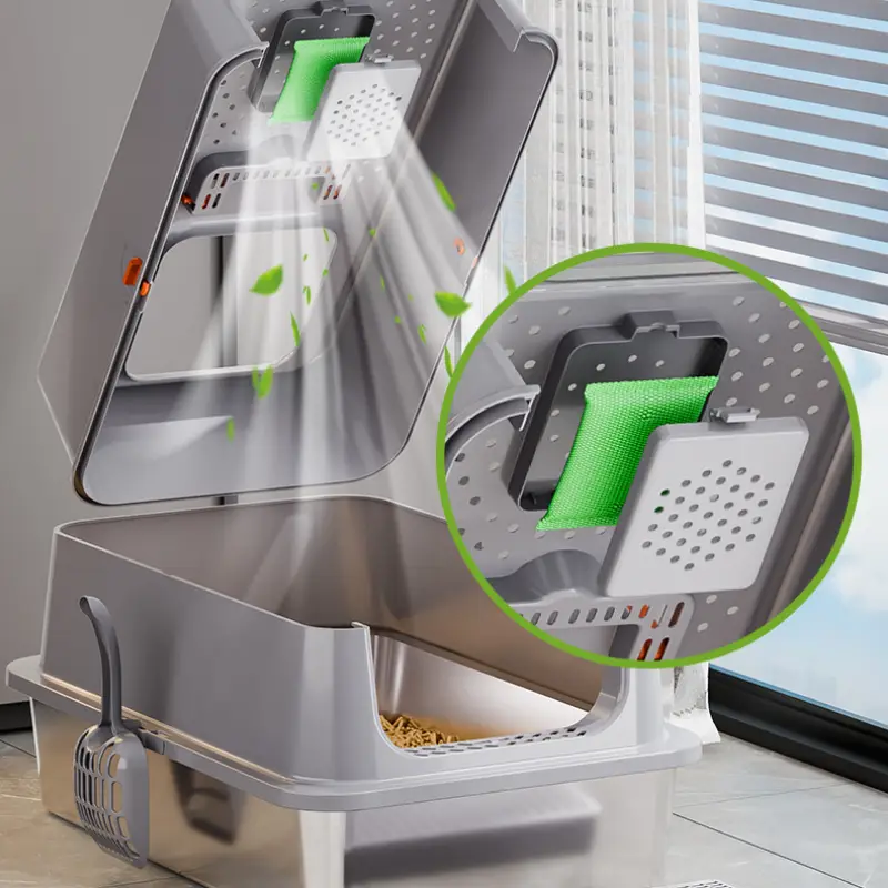 Stainless steel litter box with built-in deodorizing bag compartment, effectively removes odors and keeps your home fresh.