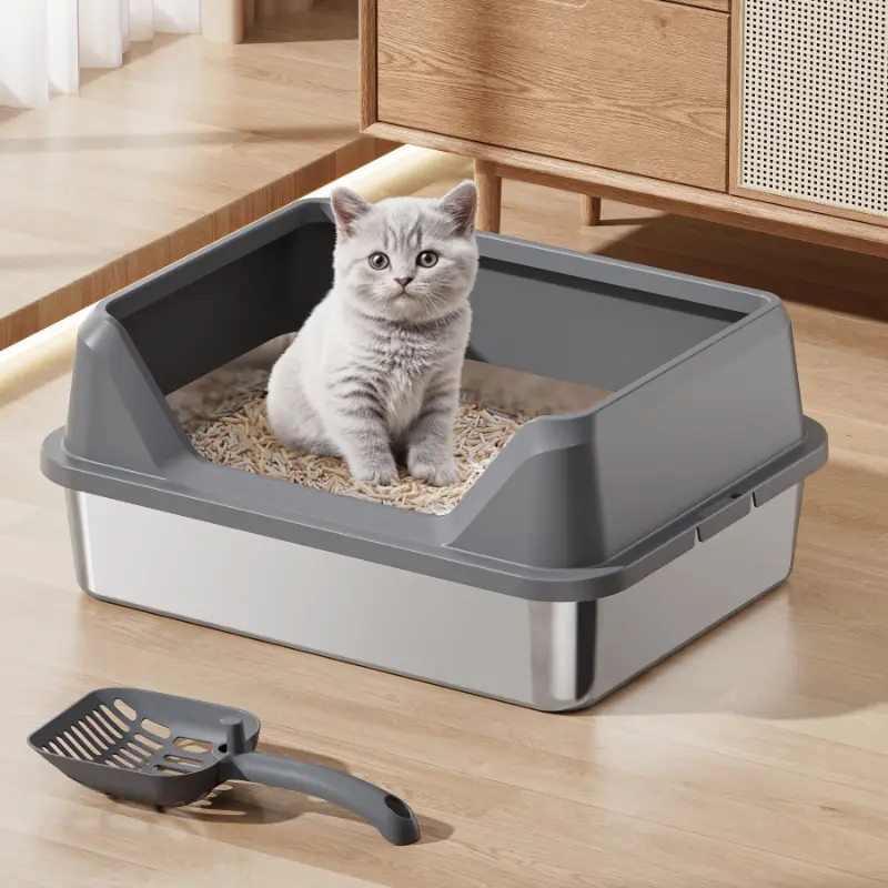 Dark gray stainless steel cat litter box with litter scoop, anti-splash high sides, ideal for kittens and all cat breeds.