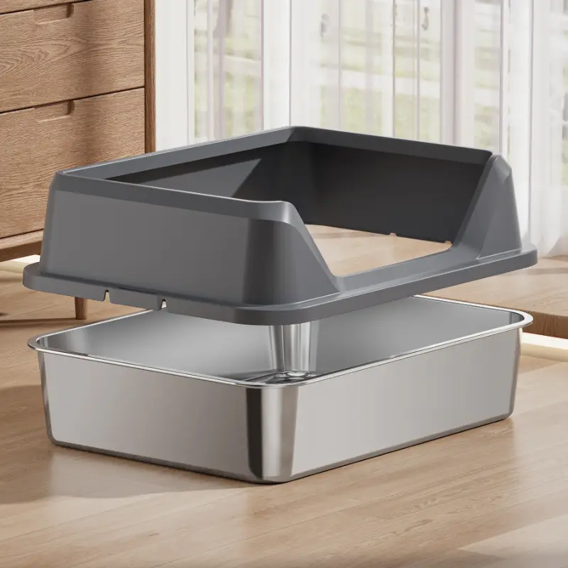 Detachable stainless steel cat litter box with high splash walls, odor-resistant, easy to clean for all cat breeds.