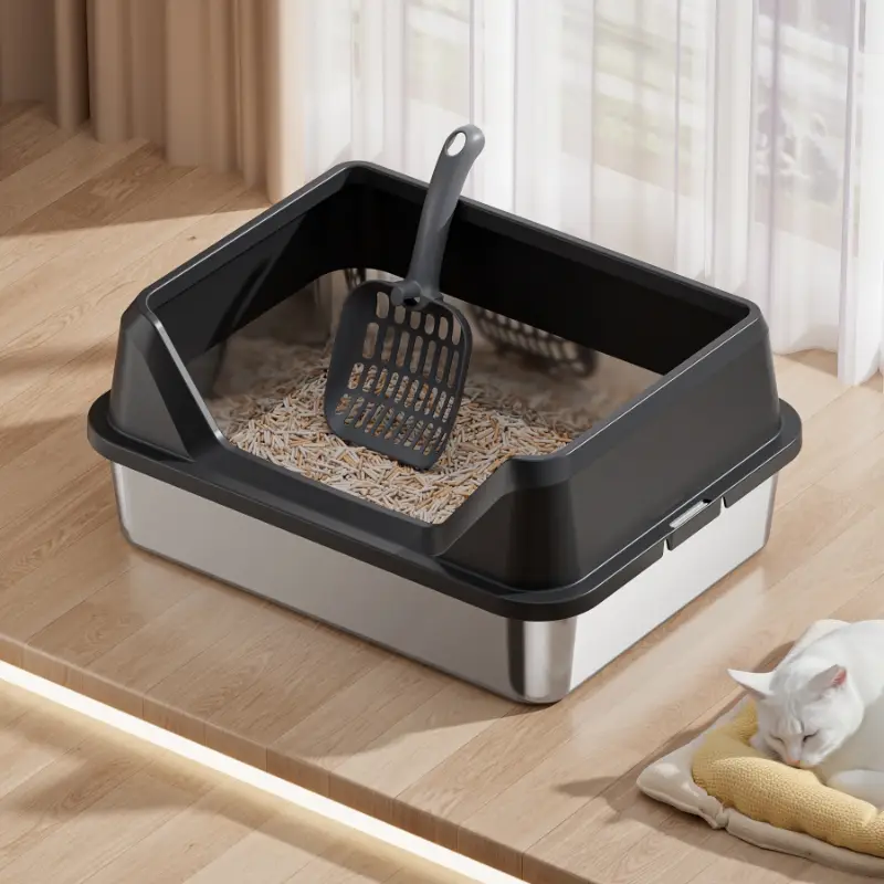 Stainless steel cat litter box with anti-splash high sides, included litter scoop, durable & easy clean for all cat sizes.