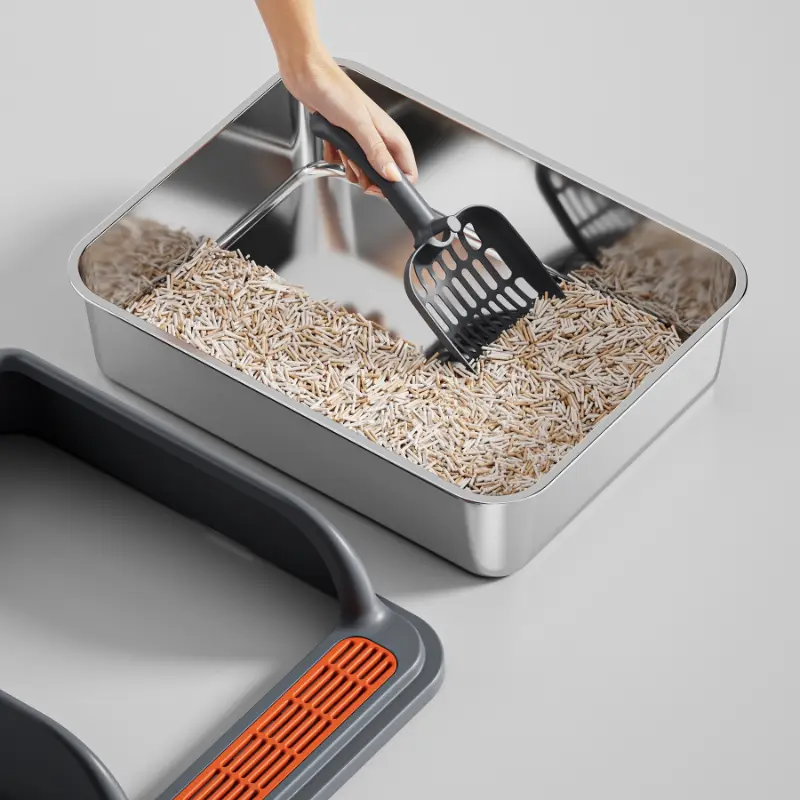A stainless steel cat litter box with easy disassembly and cleaning, designed for effortless cat waste removal and hygiene maintenance
