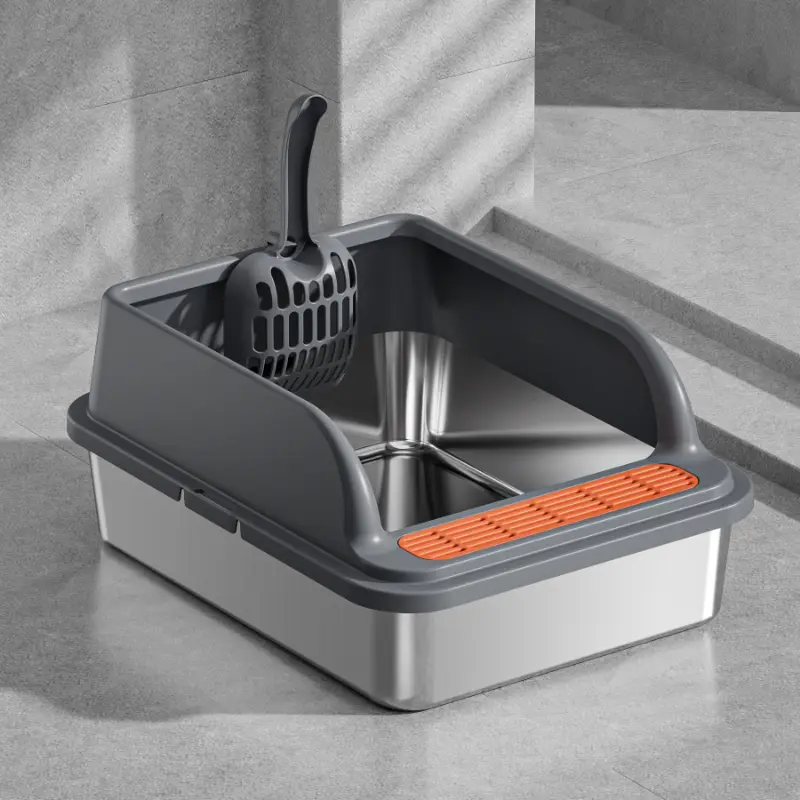 Stainless steel cat litter box with high splash guard, included litter scoop, easy to clean and durable for all cat breeds.