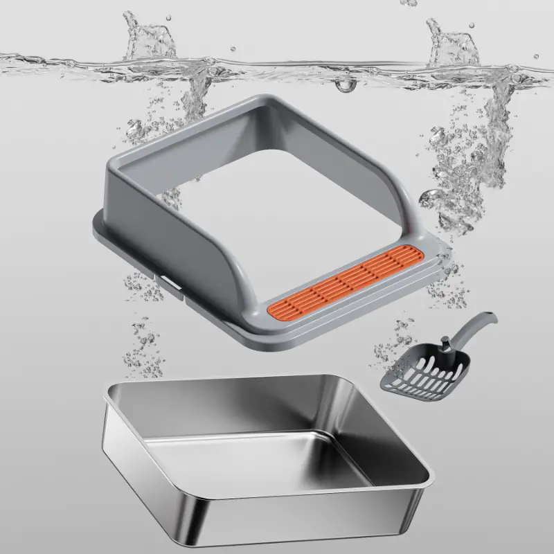 A disassembled stainless steel cat litter box with a matching scoop, showcasing detachable structure and premium stainless steel material for pet care