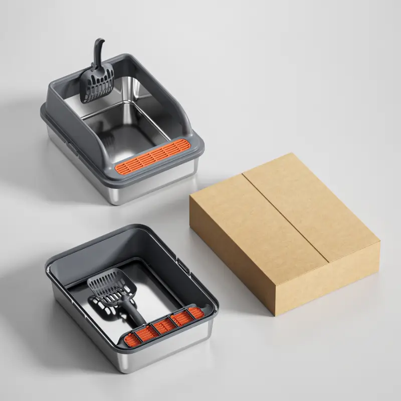 A stainless steel cat litter box in regular use, folded and packaged states with a matching litter scoop