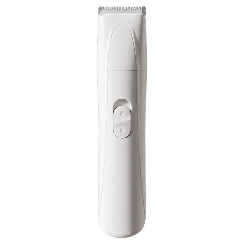 White electric pet hair clipper with adjustable speed control, front view.
