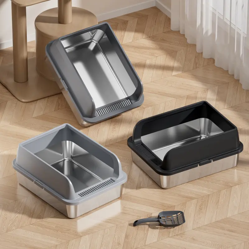 Stainless steel cat litter box set with matching scoop, anti-splash design for easy cleaning and mess control.