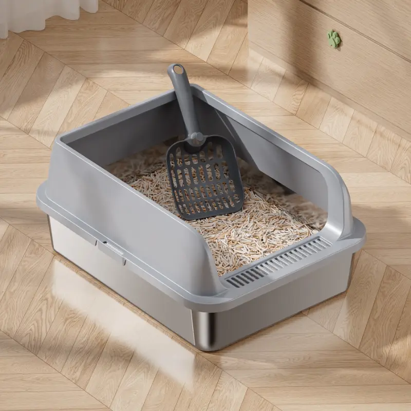 Light gray stainless steel cat litter box with litter trapper, included matching scoop, anti-splash design for easy cat litter cleaning.