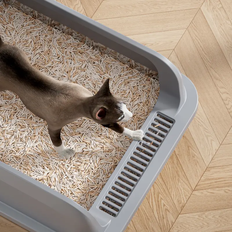 Light gray stainless steel cat litter box with litter trapper, anti-splash design, easy clean for cats of all sizes.