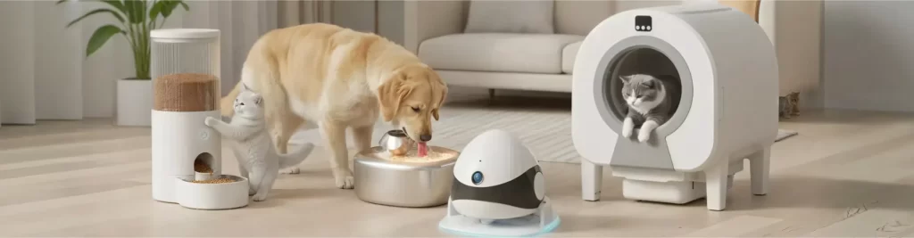 Dogs and cats using smart pet feeders, a litter box, and a companion robot in a modern home.