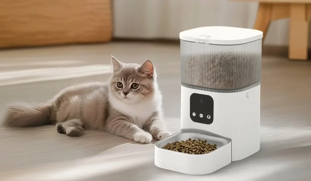 Fluffy tabby cat lying beside a white automatic smart pet feeder filled with kibble in a cozy home