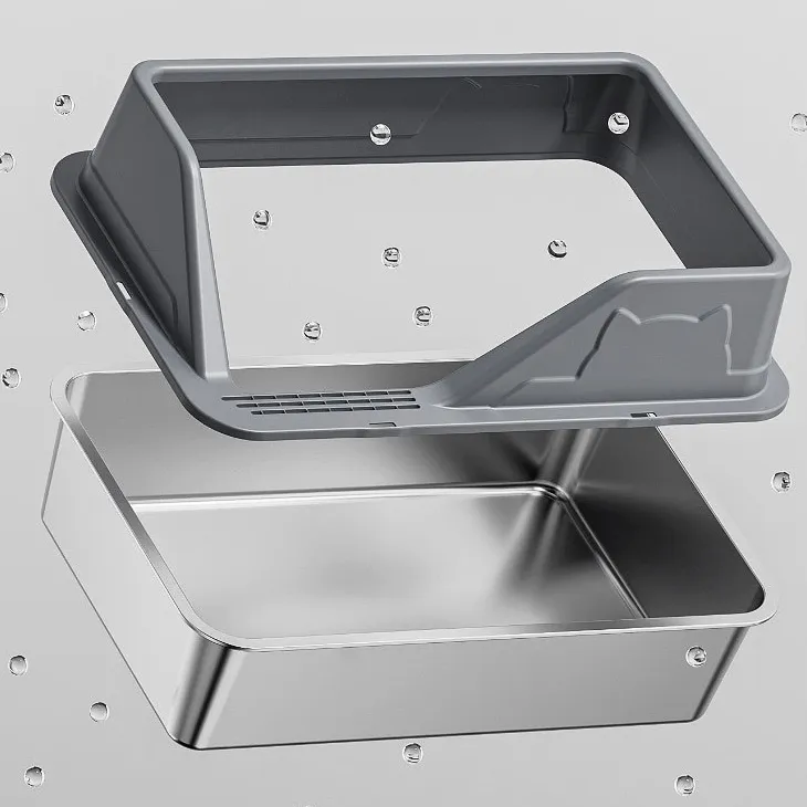 Split stainless steel cat litter box has a gray anti-splash rim. It is designed to be water-resistant, as shown with water droplets