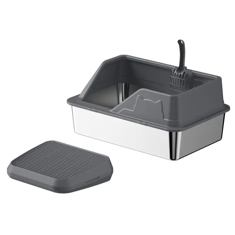 Stainless steel cat litter box set with gray high rim, litter scoop, and scatter-control mat on white background