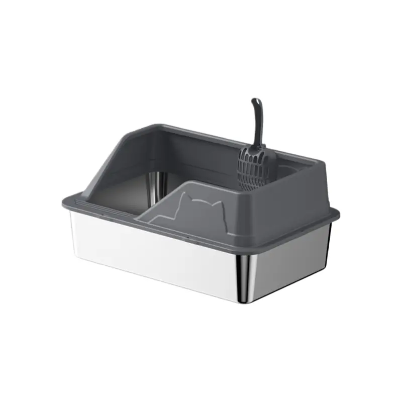 Modern stainless steel cat litter box with gray high-splash rim and attached litter scoop, on a white background.
