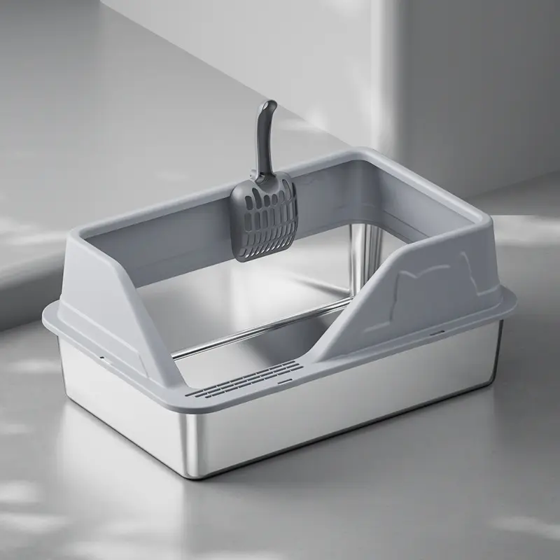 Light gray-rimmed stainless steel cat litter box with attached scoop on a polished light gray surface