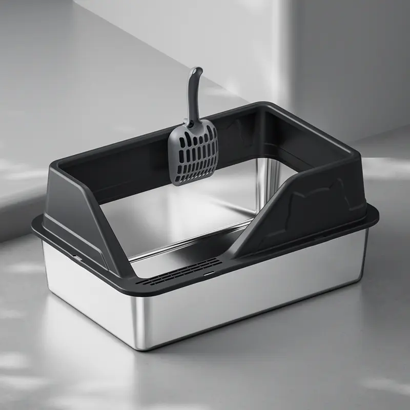 Black-rimmed stainless steel cat litter box with attached litter scoop, on a polished light gray surface