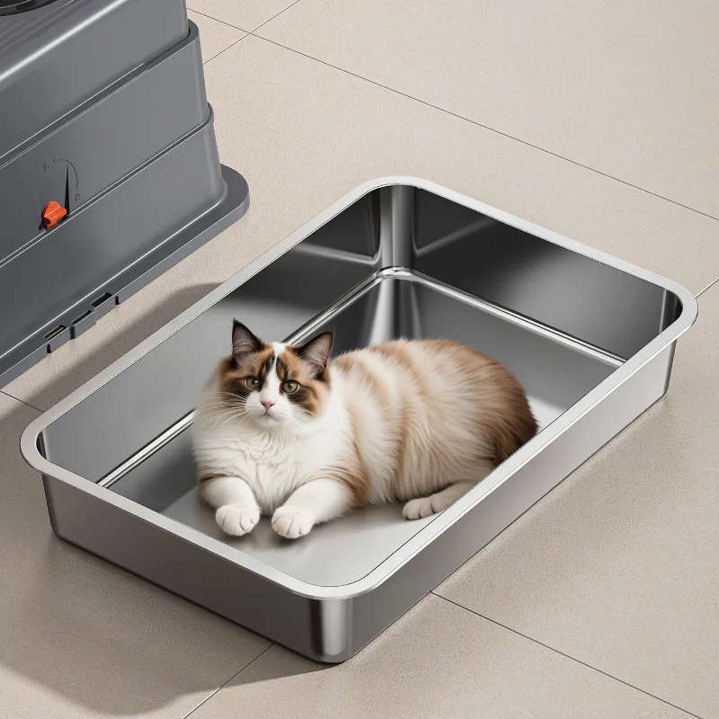 Ragdoll cat resting in spacious stainless steel cat litter box, durable stainless steel base