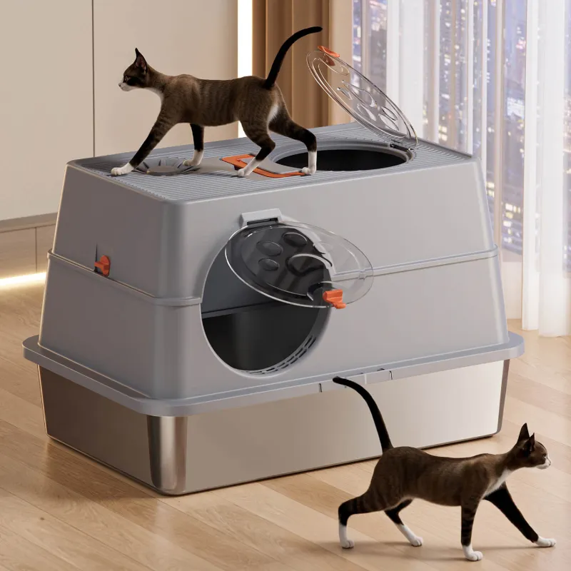 Stainless steel enclosed cat litter box with detachable base for easy cleaning
