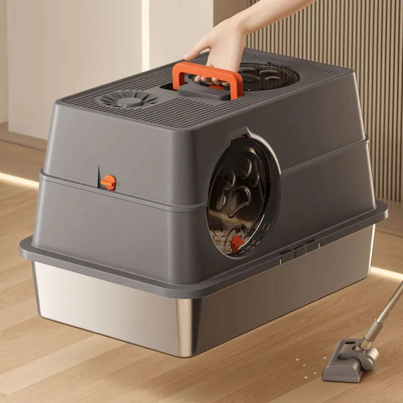 Stainless steel enclosed cat litter box with easy-grip handle, odor-proof and leak-proof