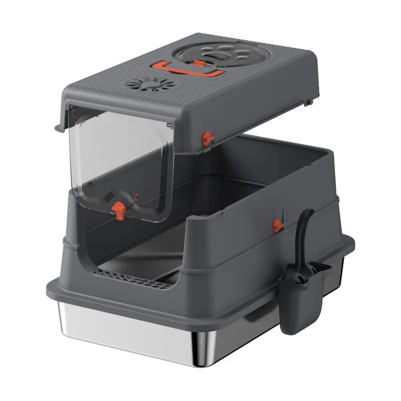 Gray stainless steel cat litter box with openable top and detachable structure for easy cleaning