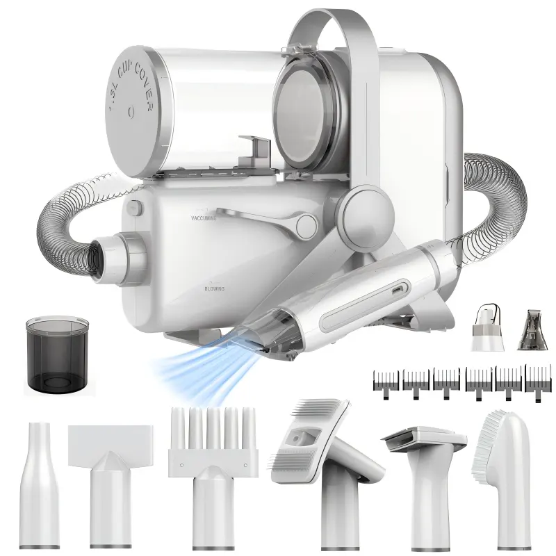 Product overview image of an all-in-one pet grooming vacuum, blower and clipper kit with hose, dust cup, grooming tools, nozzle attachments, comb guards and cleaning accessories