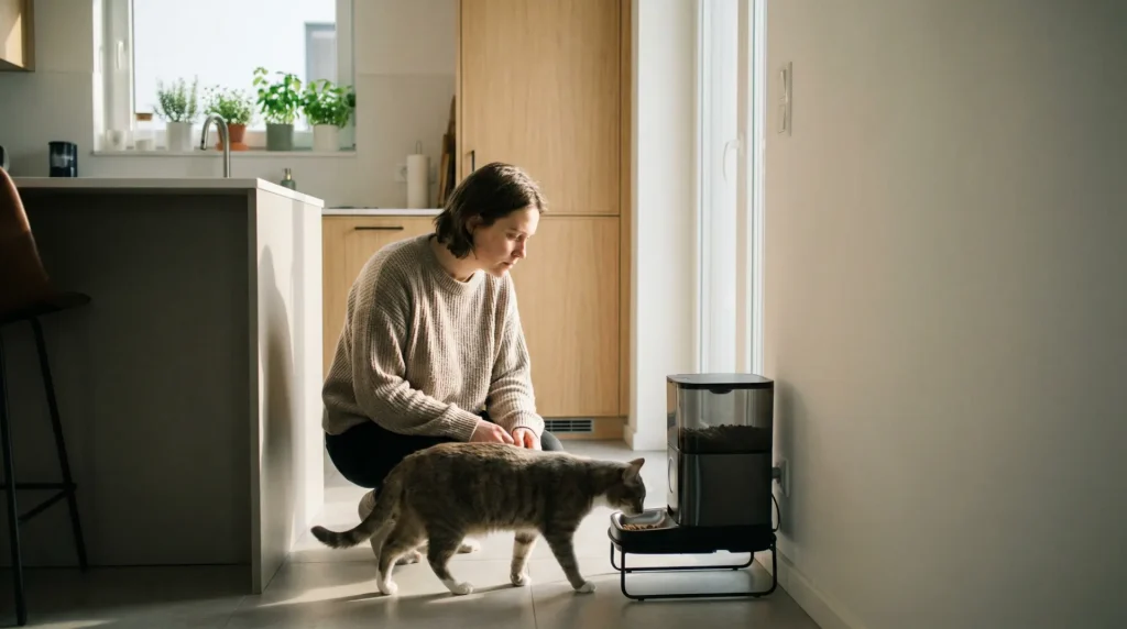 Smart Pet products-automatic pet feeder Woman watching her cat eat from an automatic pet feeder in a modern kitchen