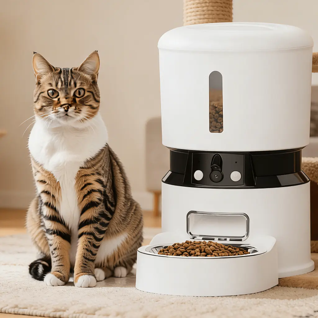 Automatic Smart Pet Feeder with Cat in Home Environment Cat beside a smart pet feeder automatic cat feeder in a modern home