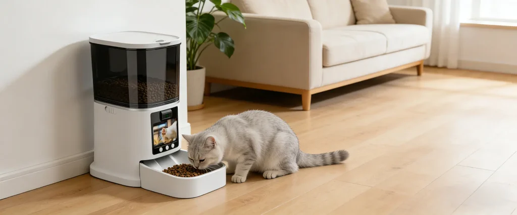 Automatic Smart Pet Feeder with Camera Feeding a Cat Cat eating from an automatic smart pet feeder with camera at home