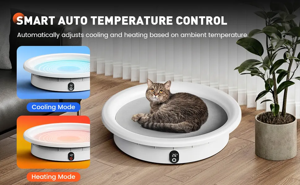 SH3604 Automatic Heating and Cooling Control Gray cat resting on a white SH3604 smart pet bed with blue cooling and red heating mode illustrations