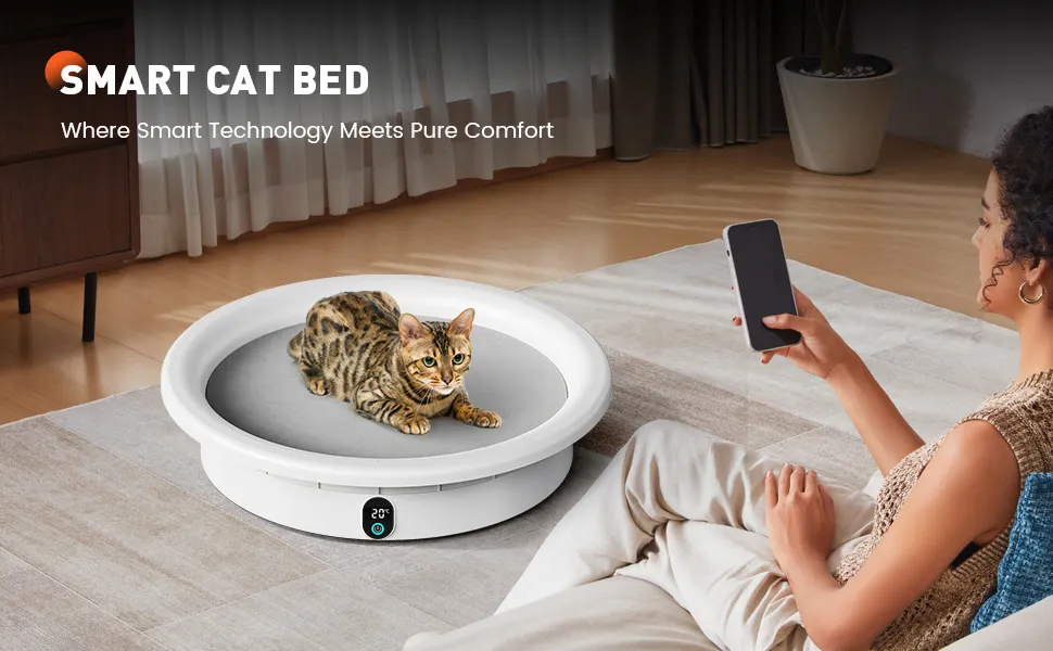 SH3604 Smart Cat Bed in a Modern Home Woman sitting beside a Bengal cat resting on a white SH3604 smart pet bed in a modern living room