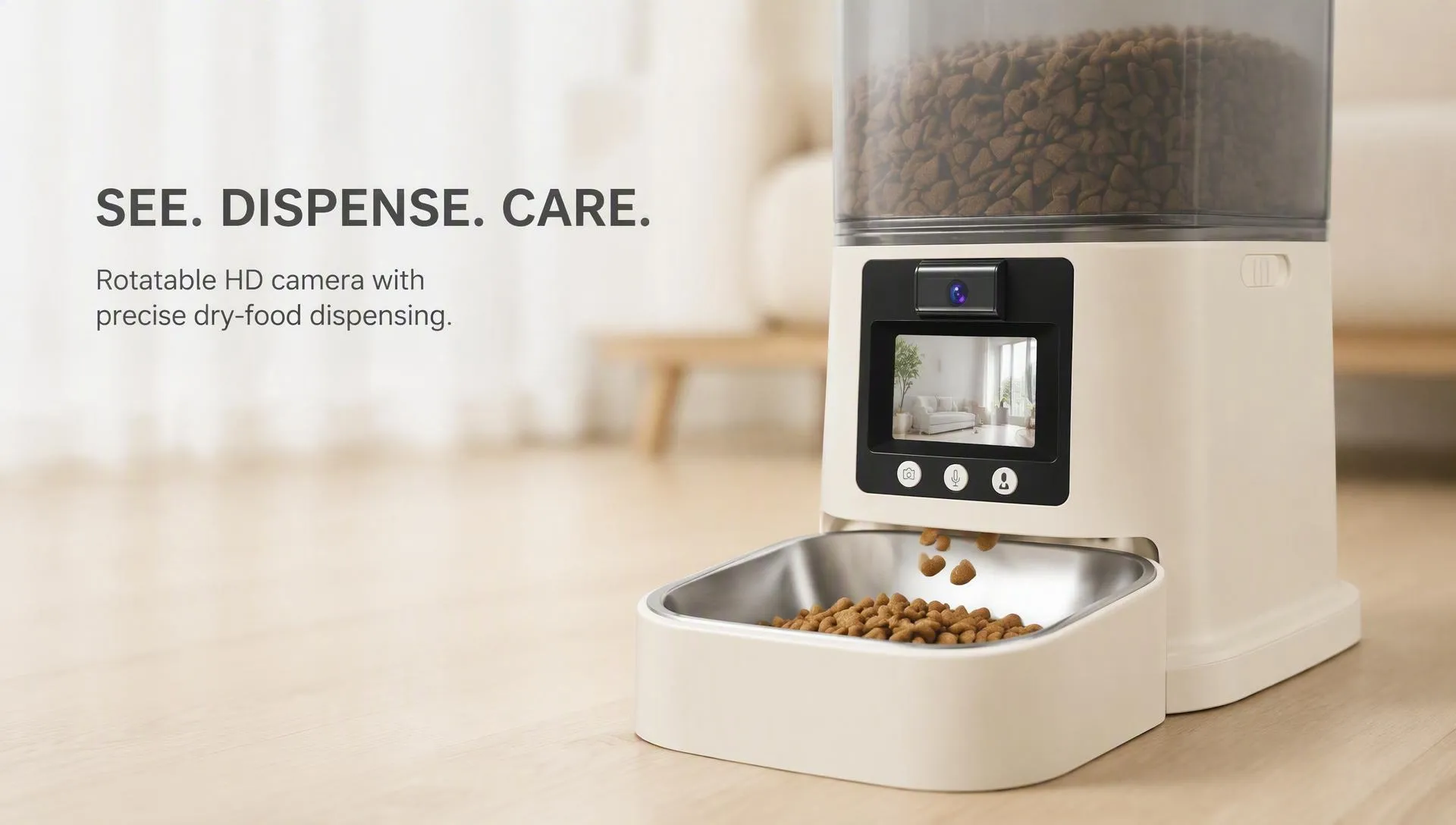 PT03S Smart Pet Feeder with Display Screen for Everyday Feeding PT03S smart pet feeder with display screen feeding a cat at home
